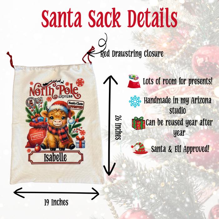 Personalized North Pole Santa Sack, Present Bag, Christmas Gift Sack, Gift Bag For Girl or Boy, Christmas Decor, Large Canvas Gift Bag