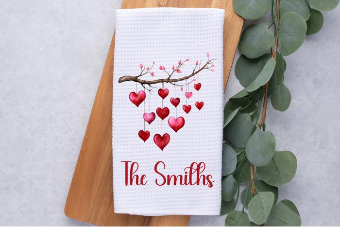 Personalized Hanging Hearts Waffle Weave Kitchen Towel, Valentine's Kitchen Decor, Hostess Housewarming Gift