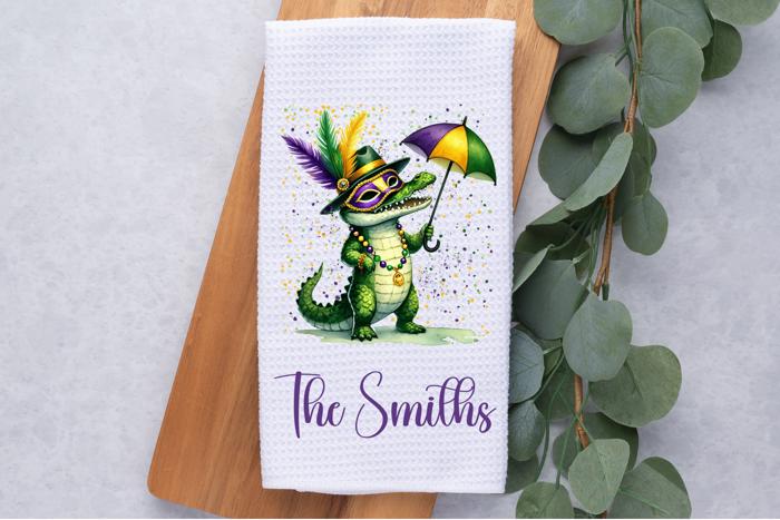 Mardi Gras Dancing Gator Waffle Weave Kitchen Towel, Mardi Gras Kitchen Decor, Hostess Housewarming Gift