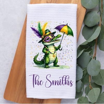 Mardi Gras Dancing Gator Waffle Weave Kitchen Towel, Mardi Gras Kitchen Decor, Hostess Housewarming Gift