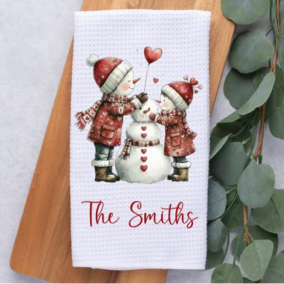 Personalized Valentine's Snowman Couple Waffle Weave Kitchen Towel, Valentine's Day Kitchen Decor, Hostess Housewarming Gift