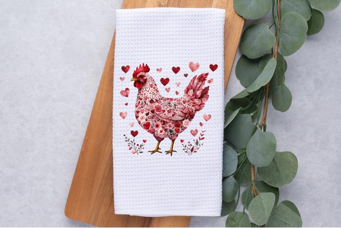 Personalized Valentine's Chicken Waffle Weave Kitchen Towel, Valentine's Day Kitchen Decor, Hostess Housewarming Gift