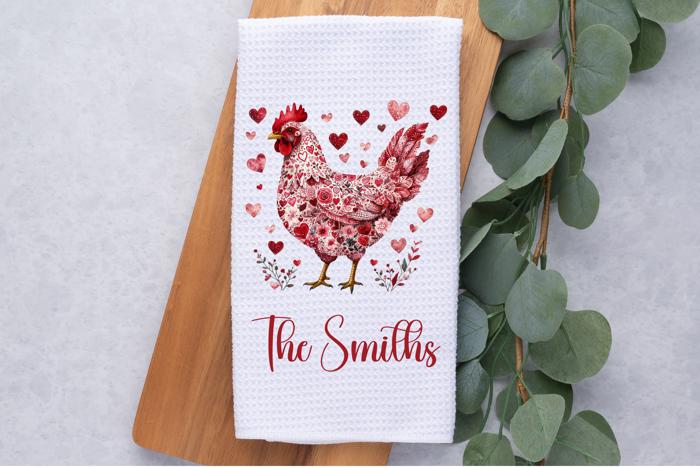 Personalized Valentine's Chicken Waffle Weave Kitchen Towel, Valentine's Day Kitchen Decor, Hostess Housewarming Gift