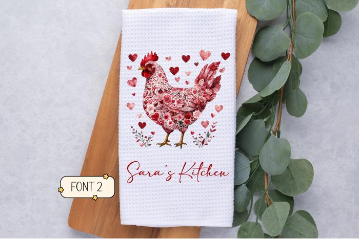 Personalized Valentine's Chicken Waffle Weave Kitchen Towel, Valentine's Day Kitchen Decor, Hostess Housewarming Gift
