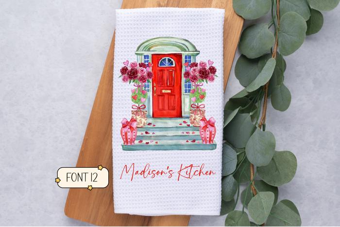 Personalized Valentine's Day Front Door Waffle Weave Kitchen Towel, Valentines Kitchen Decor, Hostess Housewarming Gift