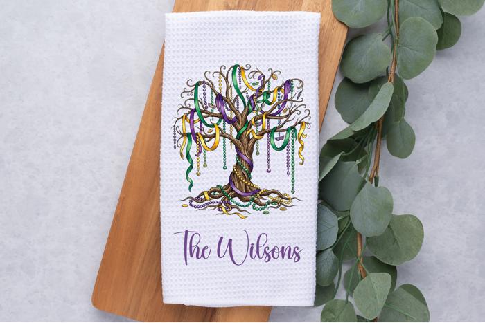 Personalized Mardi Gras Tree Waffle Weave Kitchen Towel, Mardi Gras Kitchen Decor, Hostess Housewarming Gift