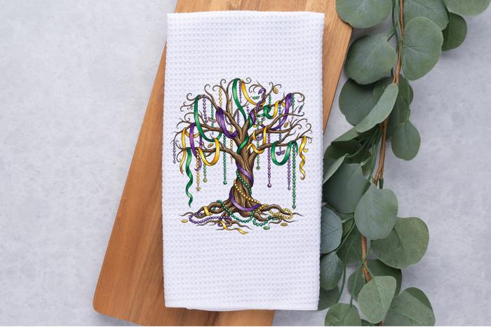 Personalized Mardi Gras Tree Waffle Weave Kitchen Towel, Mardi Gras Kitchen Decor, Hostess Housewarming Gift