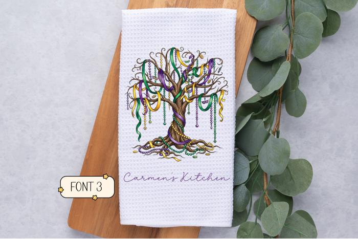 Personalized Mardi Gras Tree Waffle Weave Kitchen Towel, Mardi Gras Kitchen Decor, Hostess Housewarming Gift