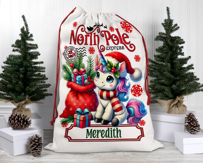 Personalized Kids Unicorn Santa Sack, Christmas Gift Sack, Gift Bag For Girl, Large Canvas Gift Bag