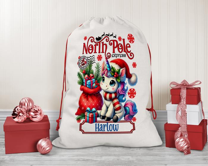 Personalized Kids Unicorn Santa Sack, Christmas Gift Sack, Gift Bag For Girl, Large Canvas Gift Bag