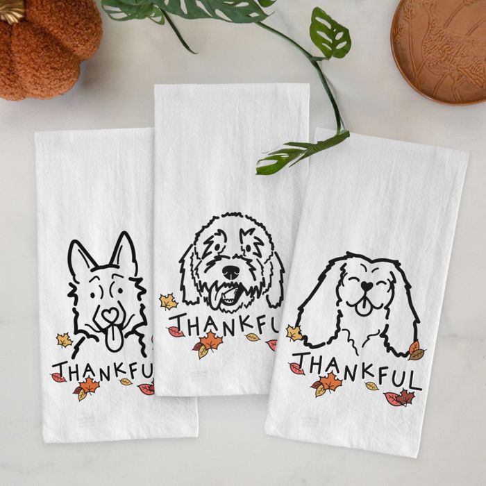 Doodled Thankful  Autumn Hand-Drawn Dog  Breed Tea Towel - 50+ Breeds