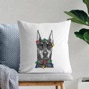 Doberman Pinscher Cropped Christmas Lights Dog Breed Throw Pillow Cover - 40+ Dog Breeds