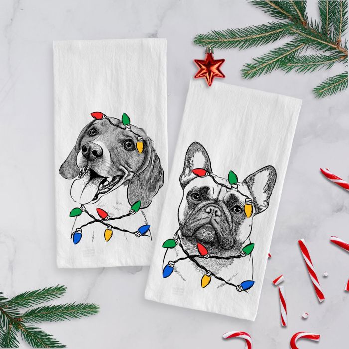 Dog Christmas Lights Tea Towel - 25+ Breeds