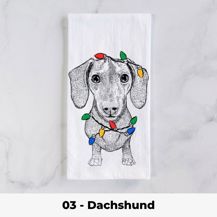 Dog Christmas Lights Tea Towel - 25+ Breeds