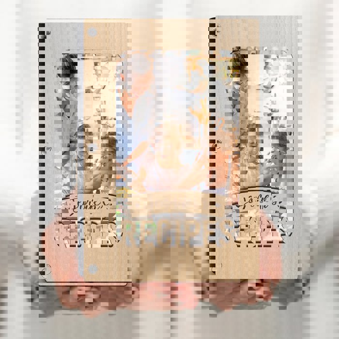 Personalized Wood Recipe Book with Photo Sleeve, Banner Design