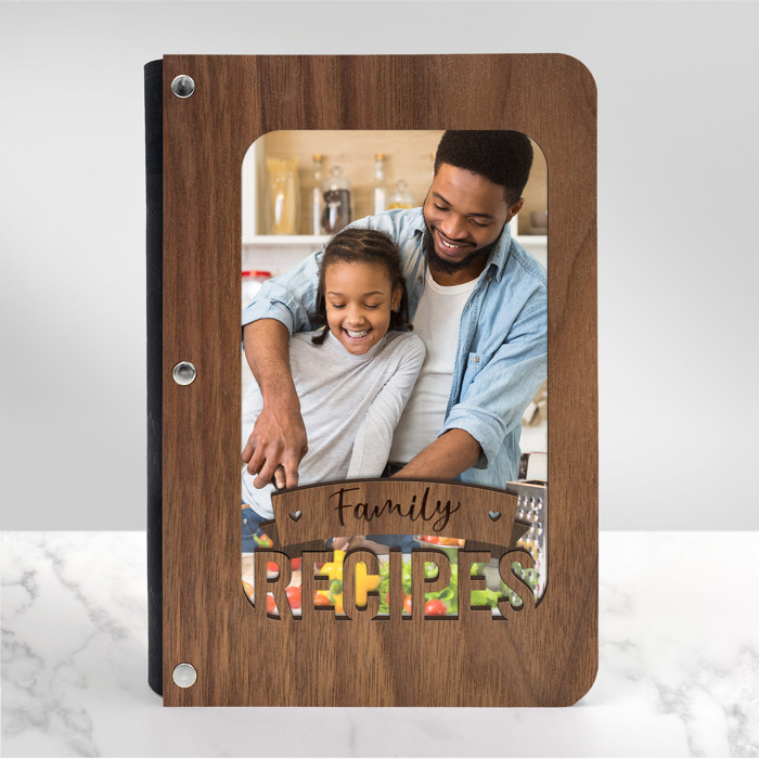 Personalized Wood Recipe Book with Photo Sleeve, Banner Design