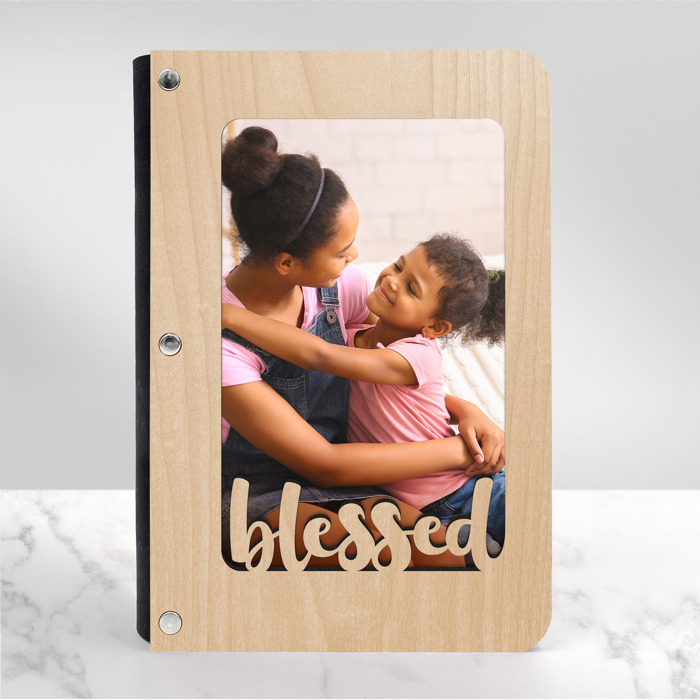 Personalized "Blessed" Wood Journal with Photo Sleeve