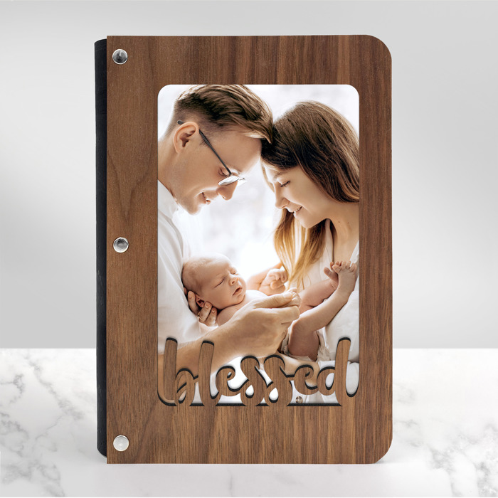 Personalized "Blessed" Wood Journal with Photo Sleeve