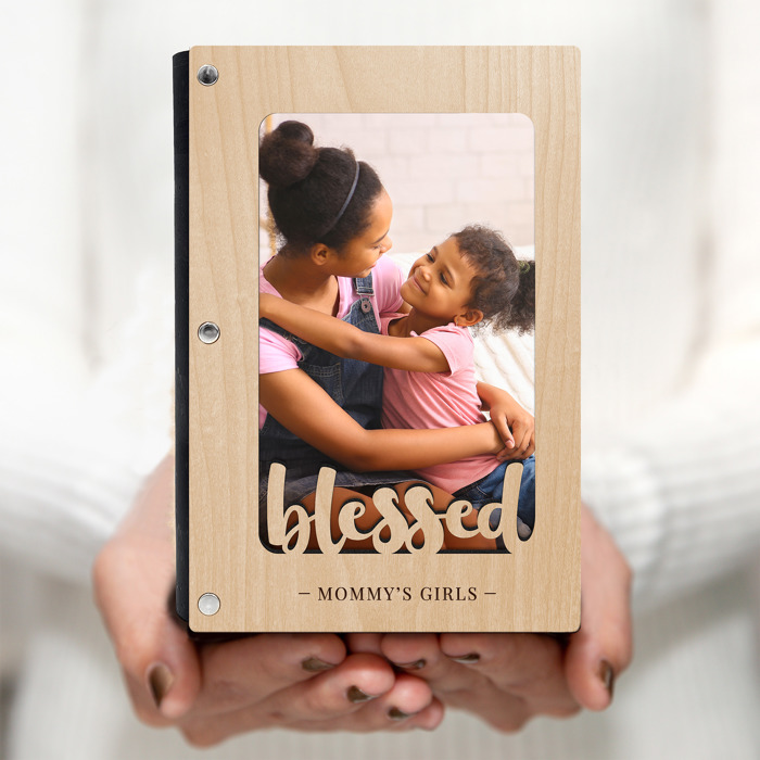 Personalized "Blessed" Wood Journal with Photo Sleeve