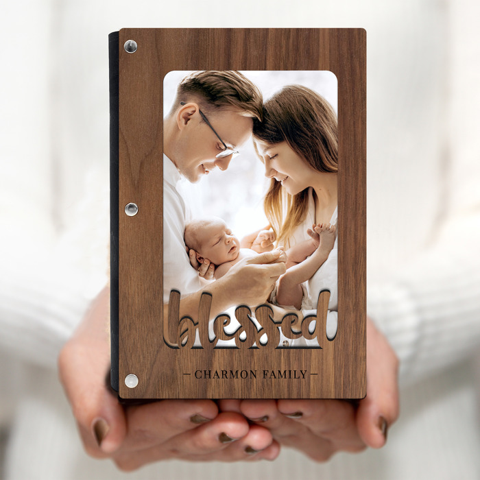 Personalized "Blessed" Wood Journal with Photo Sleeve
