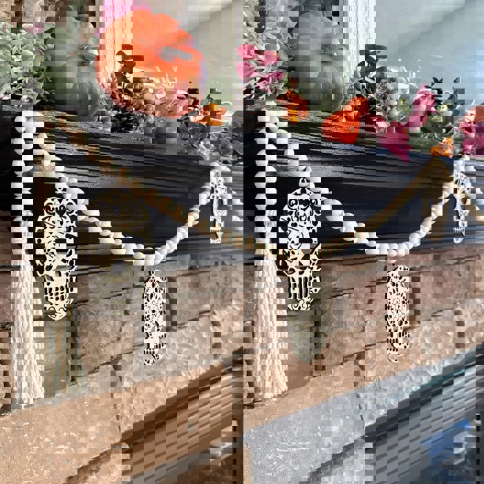 Candy Skull Wood Bead Garland with Interchangeable Seasonal Charms