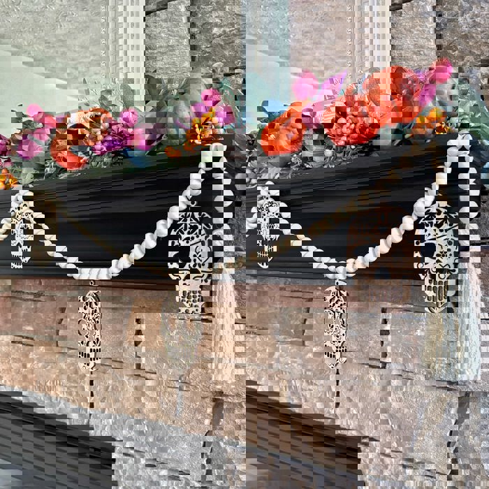 Candy Skull Wood Bead Garland with Interchangeable Seasonal Charms