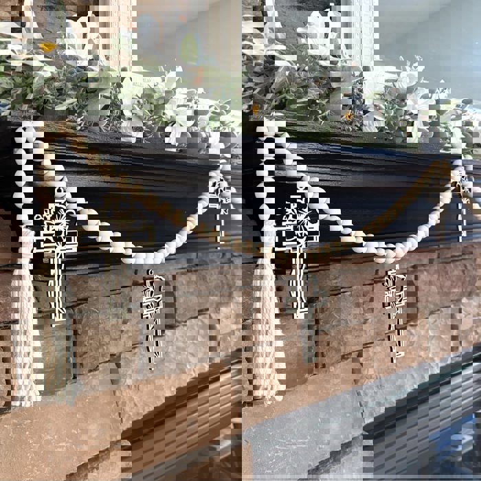 Cross Wood Bead Garland with Interchangeable Seasonal Charms