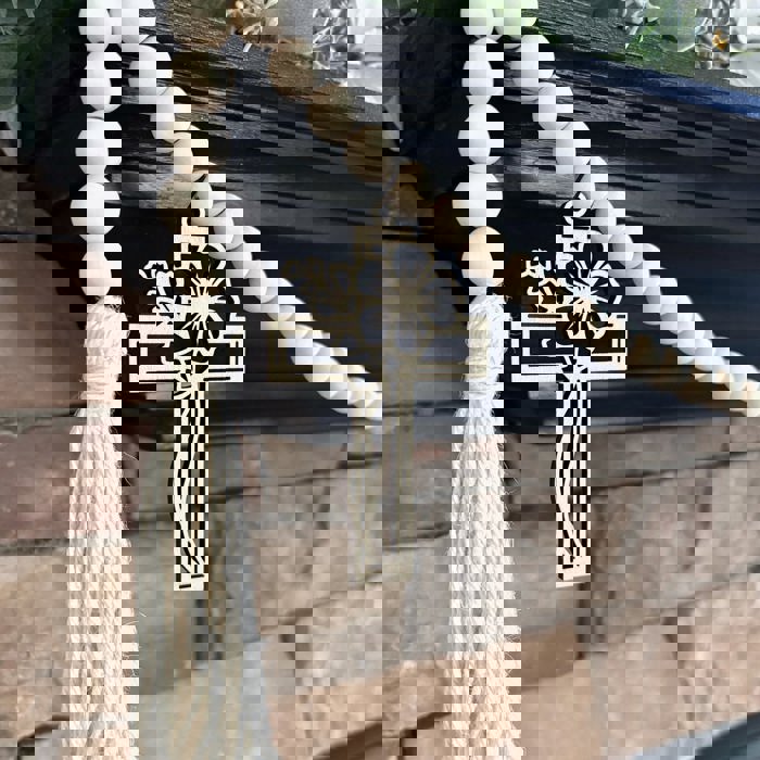 Cross Wood Bead Garland with Interchangeable Seasonal Charms