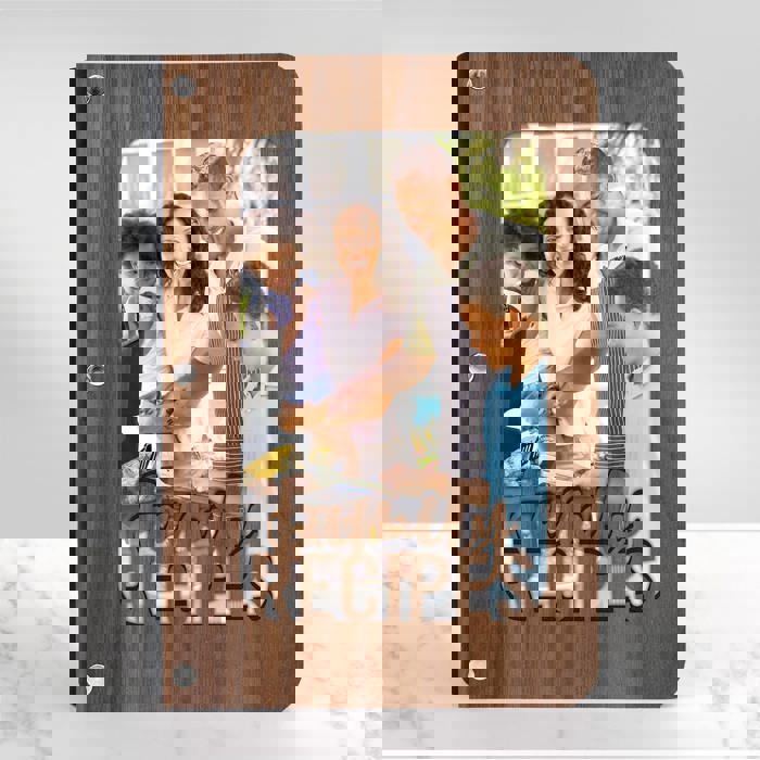 "Family Recipes" Personalized Wood Recipe Book with Photo Sleeve