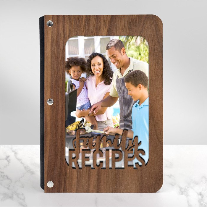 "Family Recipes" Personalized Wood Recipe Book with Photo Sleeve
