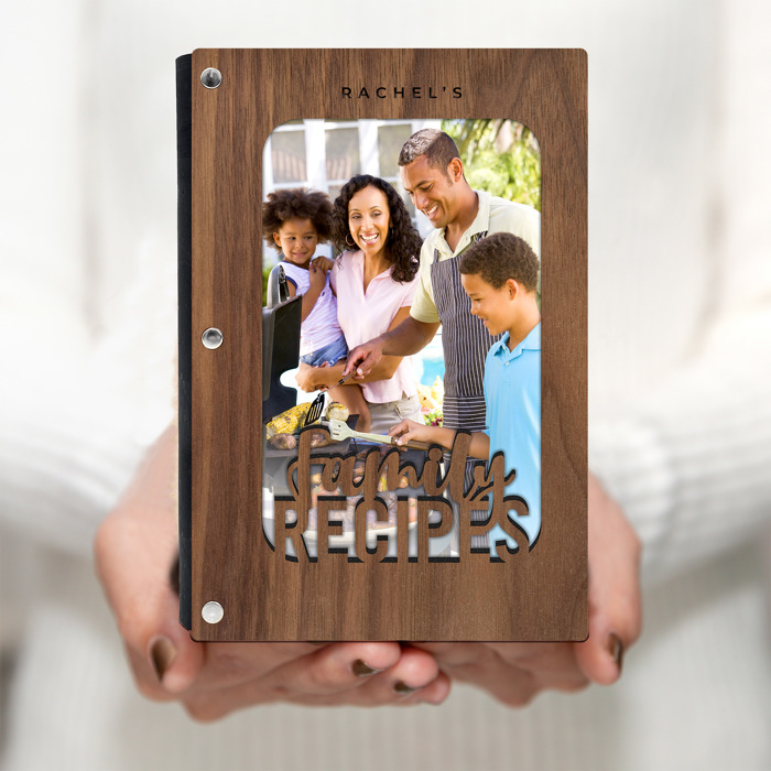 "Family Recipes" Personalized Wood Recipe Book with Photo Sleeve