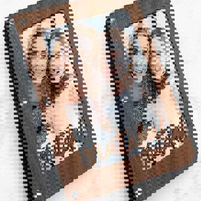 Personalized "Grateful" Wood Journal with Photo Sleeve