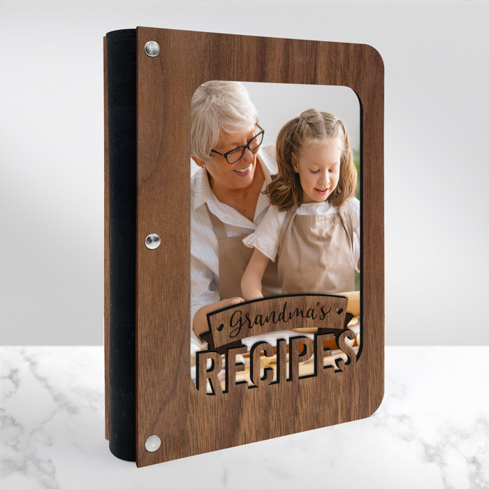 "Grandma's Recipes" Wood Recipe Book with Photo Sleeve