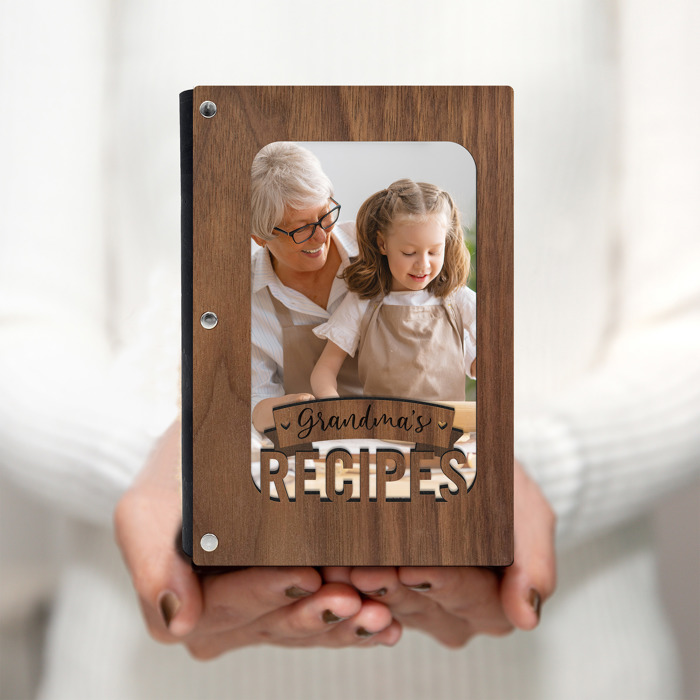 "Grandma's Recipes" Wood Recipe Book with Photo Sleeve