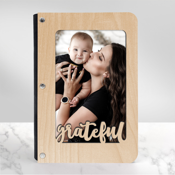 Personalized "Grateful" Wood Journal with Photo Sleeve
