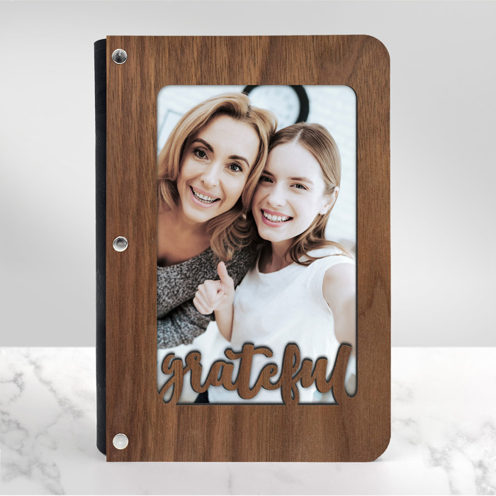 Personalized "Grateful" Wood Journal with Photo Sleeve