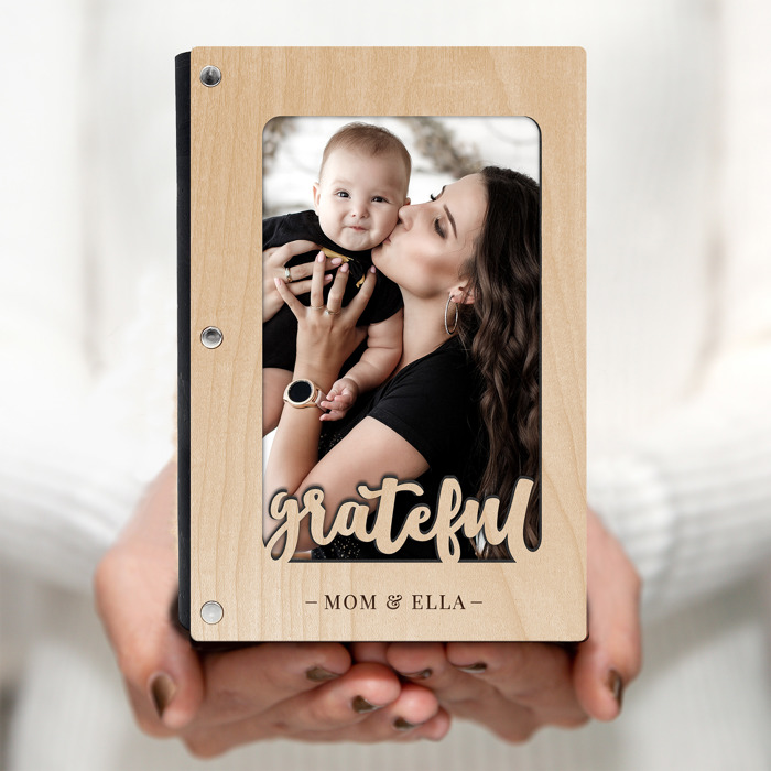 Personalized "Grateful" Wood Journal with Photo Sleeve