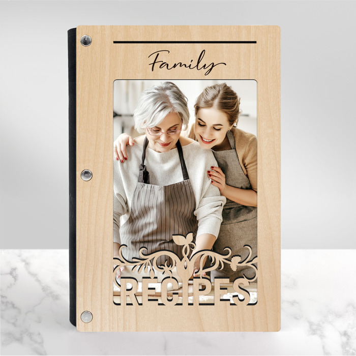 Personalized Wood Recipe Book with Photo Sleeve, Harvest Design