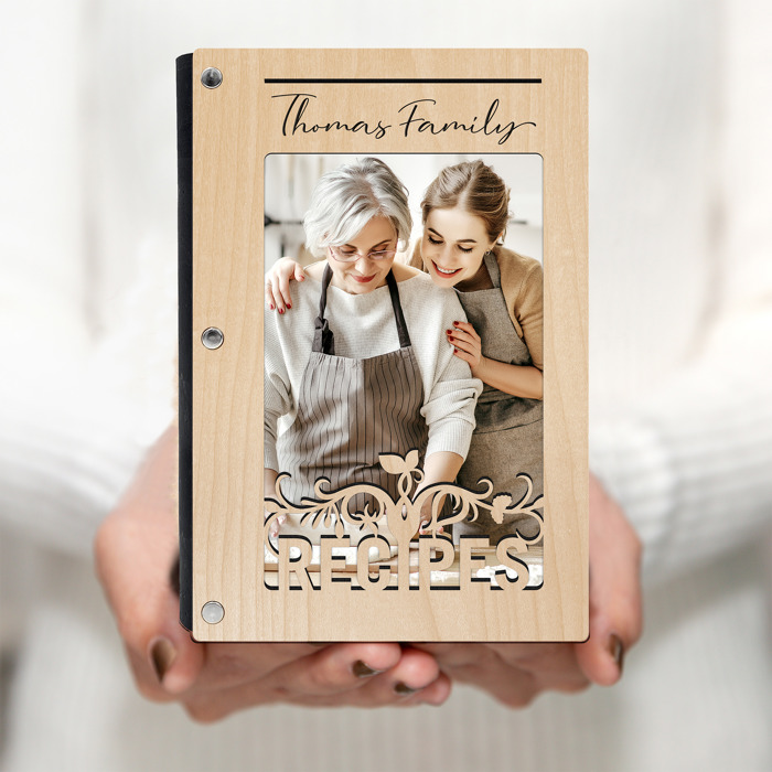Personalized Wood Recipe Book with Photo Sleeve, Harvest Design