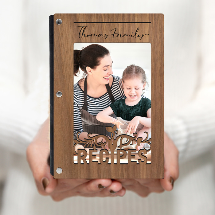 Personalized Wood Recipe Book with Photo Sleeve, Harvest Design