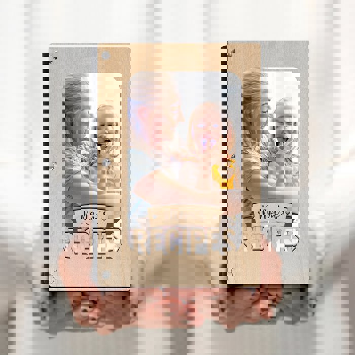 "Mom's Recipes" Wood Recipe Book with Photo Sleeve