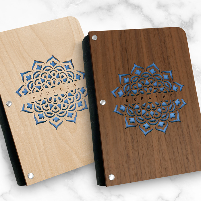 Personalized Wood Journal with Photo Sleeve - Mandala Design