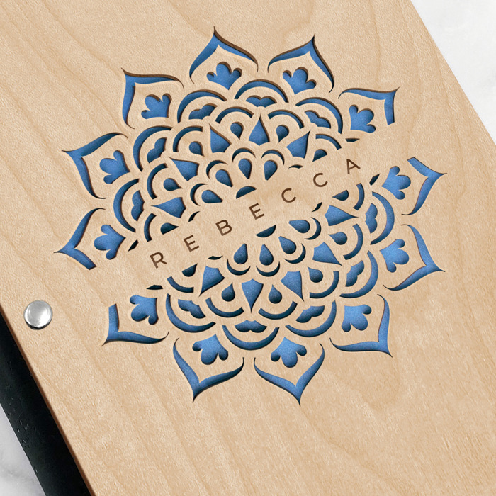 Personalized Wood Journal with Photo Sleeve - Mandala Design