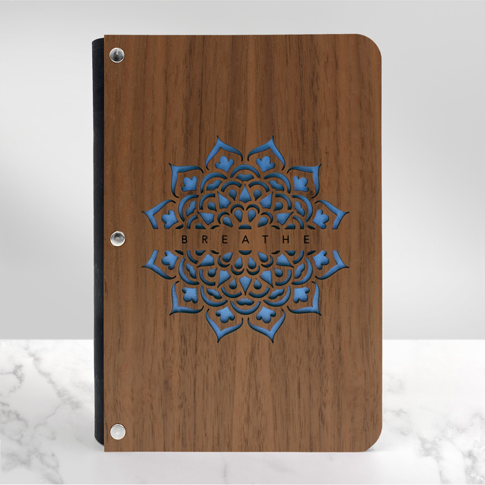 Personalized Wood Journal with Photo Sleeve - Mandala Design