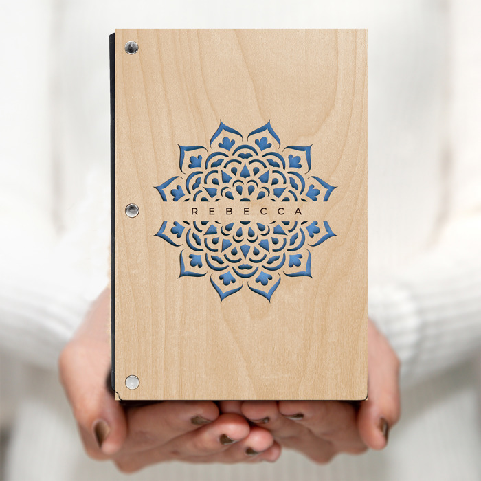 Personalized Wood Journal with Photo Sleeve - Mandala Design
