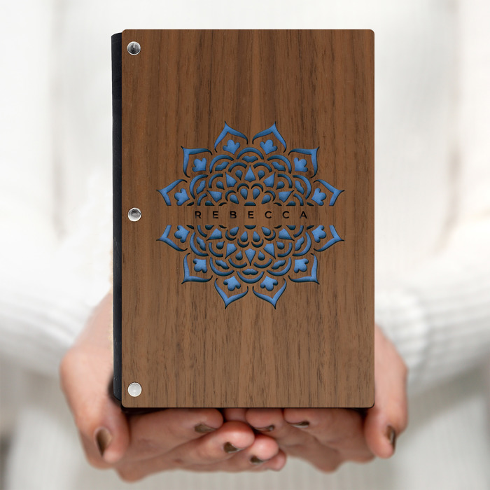 Personalized Wood Journal with Photo Sleeve - Mandala Design
