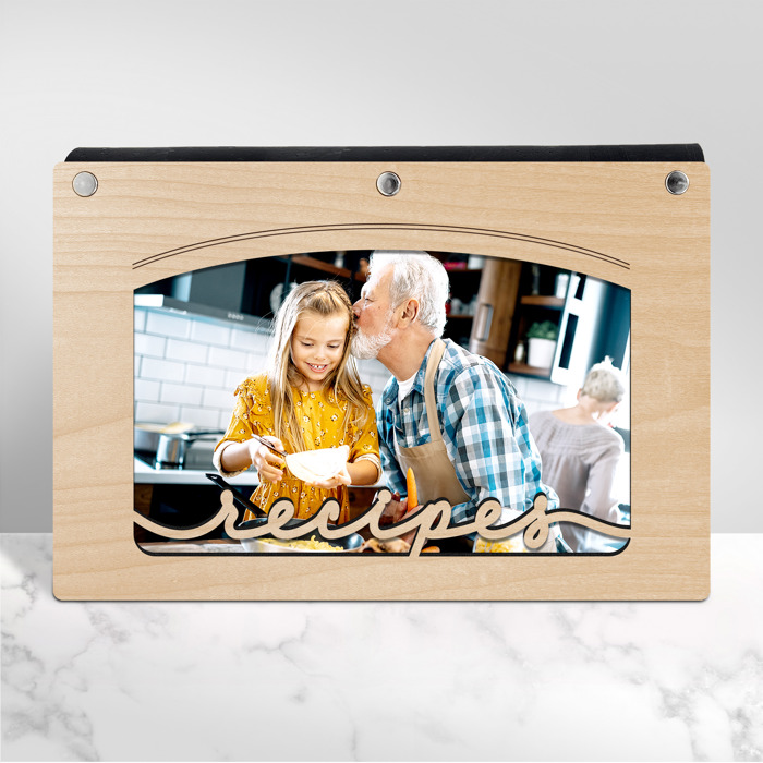 Personalized Wood Recipe Book with Photo Sleeve, Arc Design