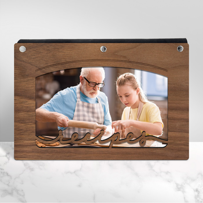 Personalized Wood Recipe Book with Photo Sleeve, Arc Design