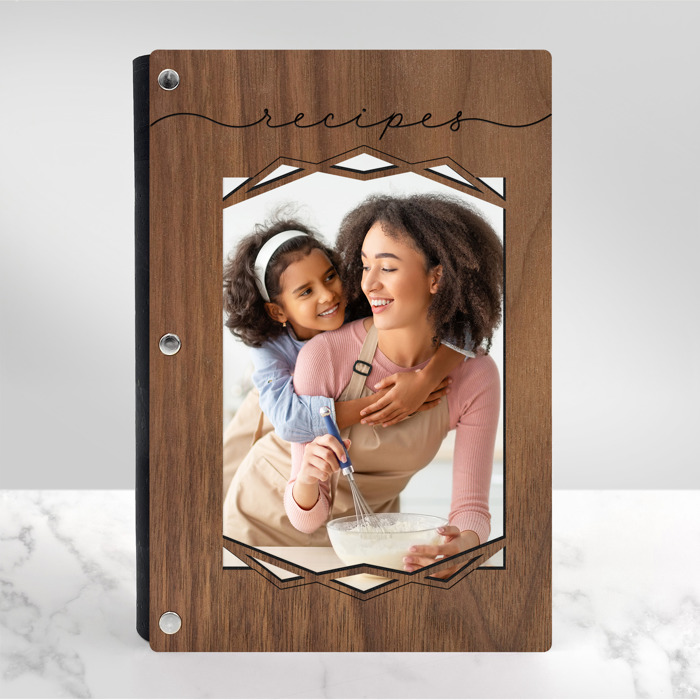 Personalized Wood Recipe Book with Photo Sleeve, Mod Design