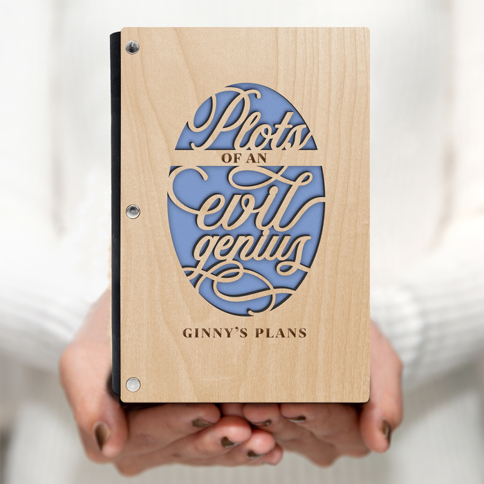 Personalized Wood Journal - "Plots of an Evil Genius"